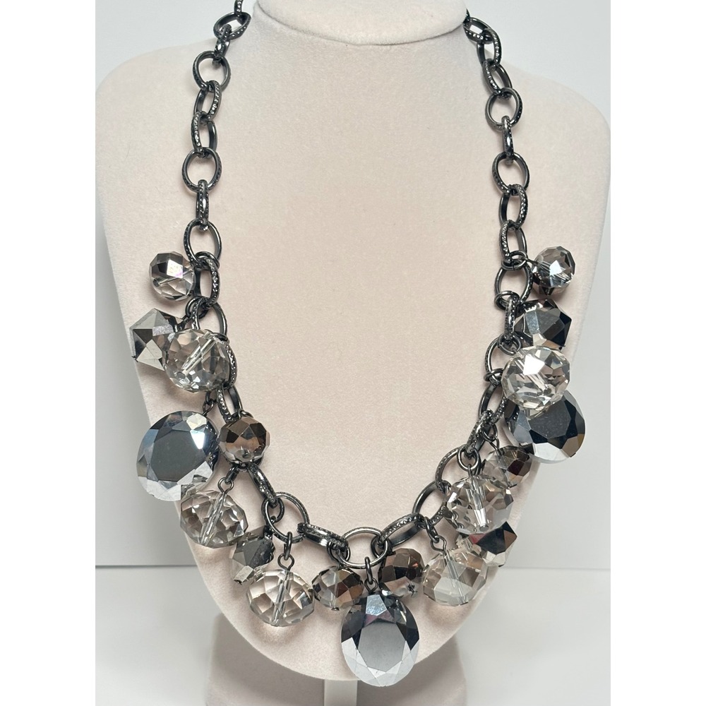 Y2K Chunky Faceted Glass Bead Charm Necklace 20.5" Gunmetal Silver Gray